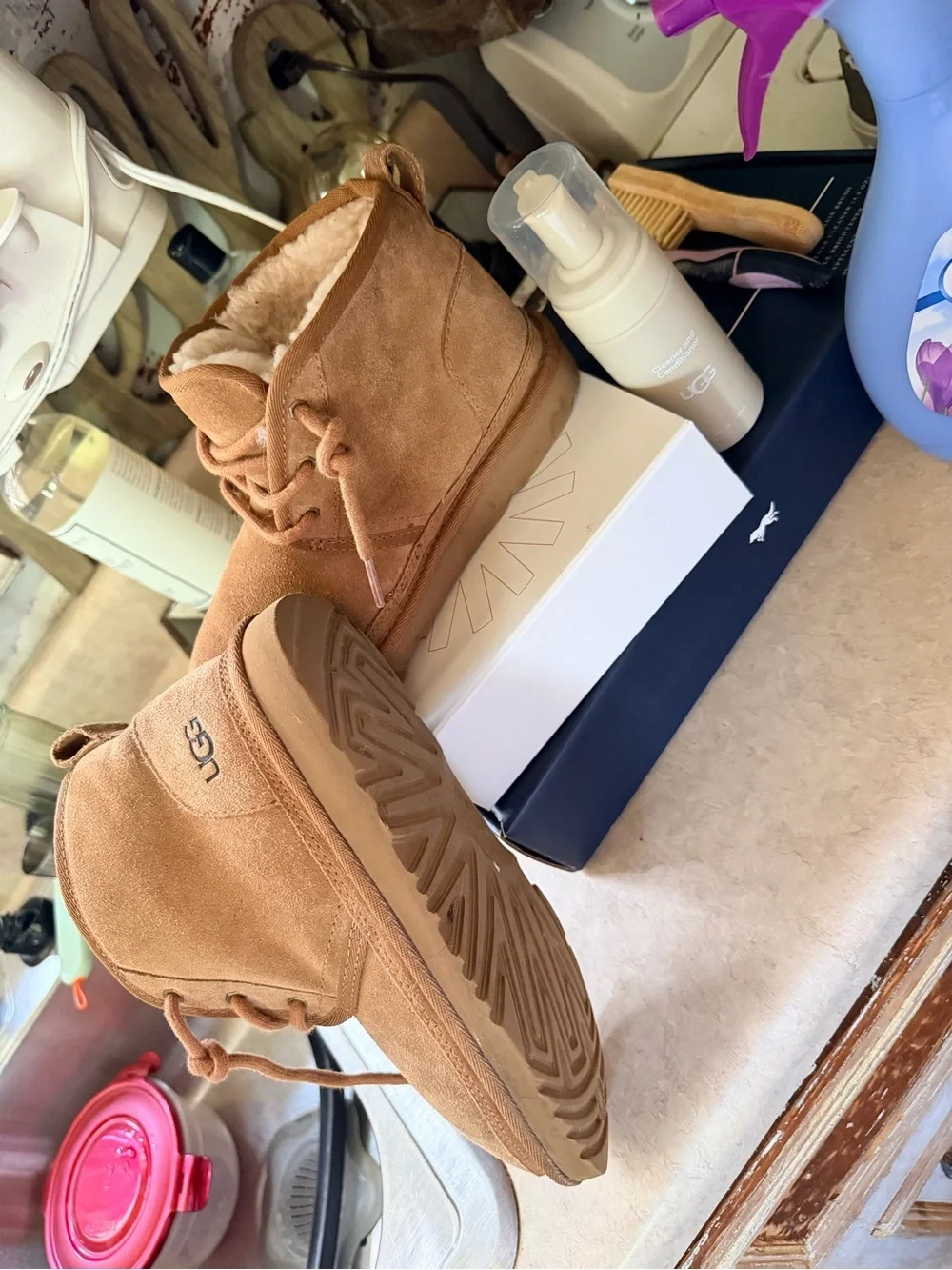 UGG Kids Chestnut Suede Faux-Shearling Lace-Up Boots
